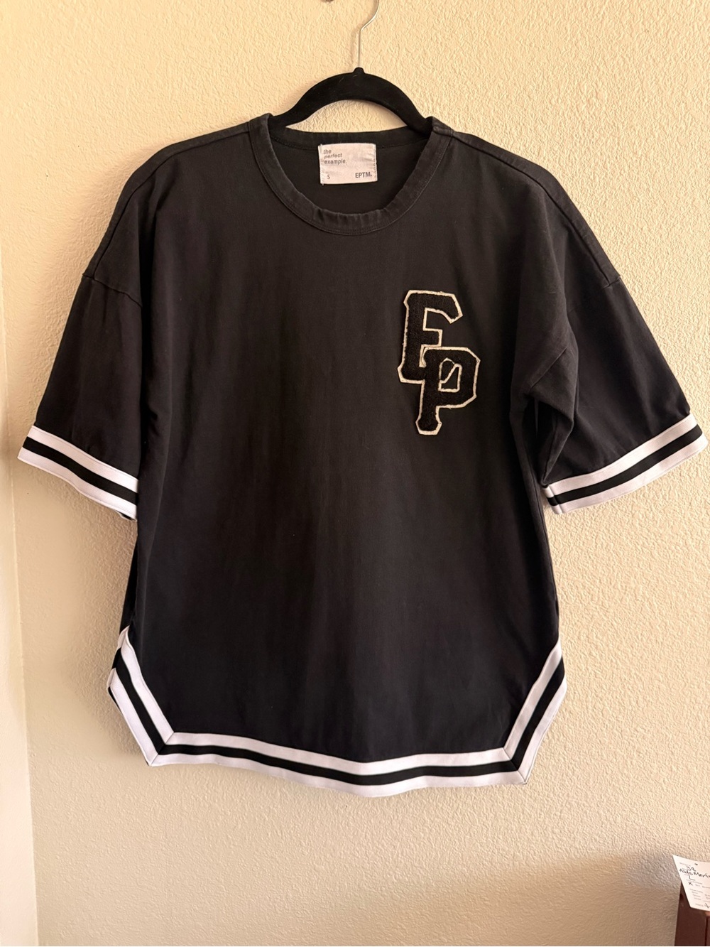 Black Short-Sleeve Logo Tee with White Stripe Trim
